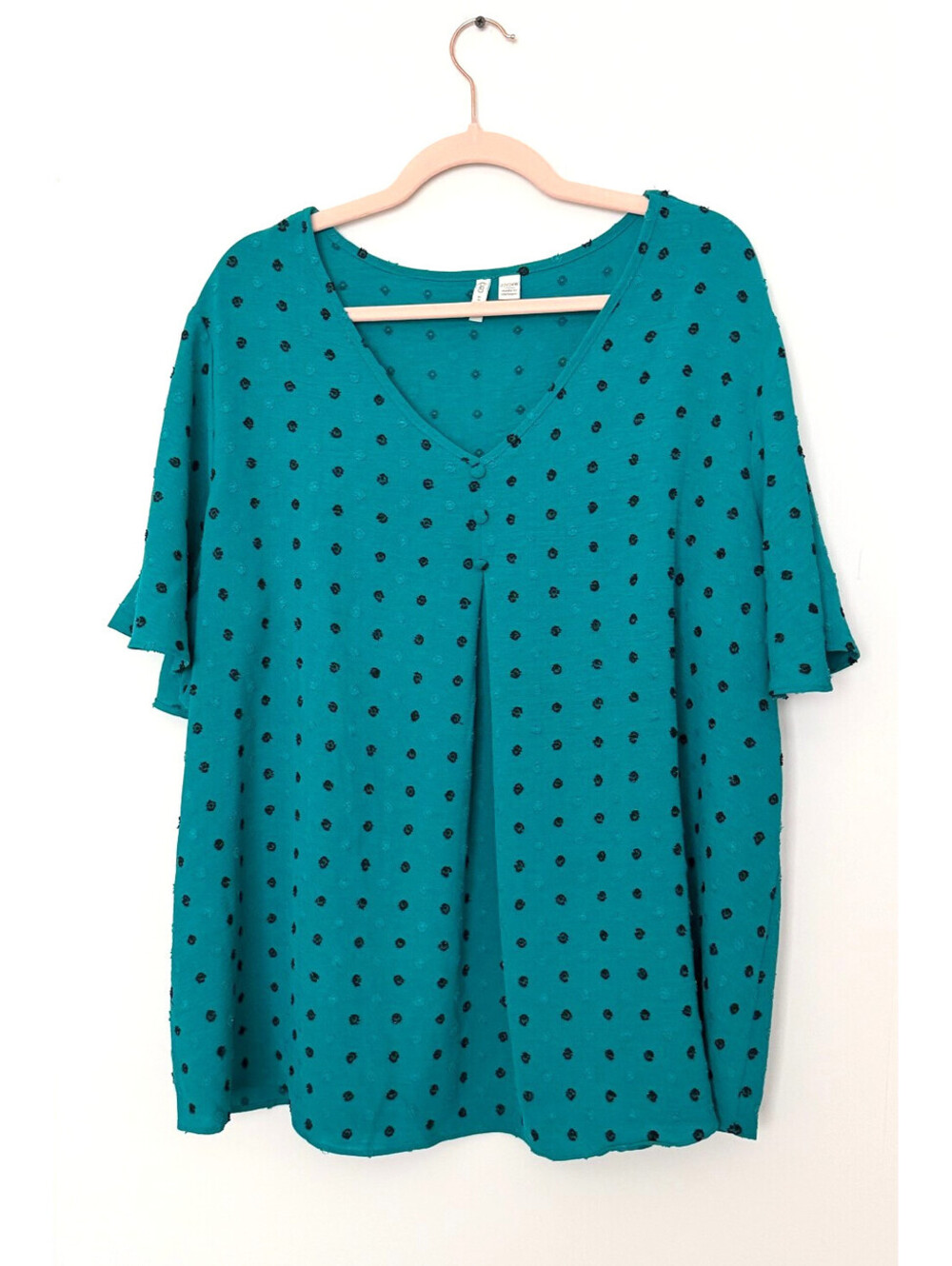 Cato Teal Green Black Polka Dotted V-Neck Short-Sleeve Blouse